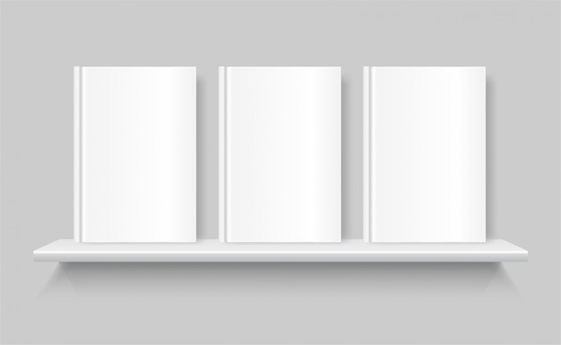 Vector white blank books on a bookshelf. empty cover of book. shelf on the grey wall.