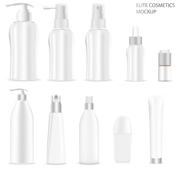 White blank cosmetic bottle packaging set.