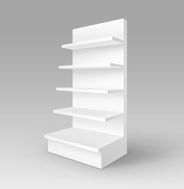   White Blank Empty Exhibition Trade Stand Shop Rack with Shelves Storefront Isolated on Background