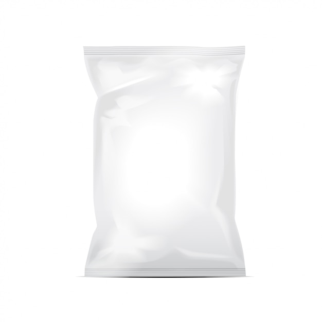 White blank foil bag packaging for food. Realistic plastic pack