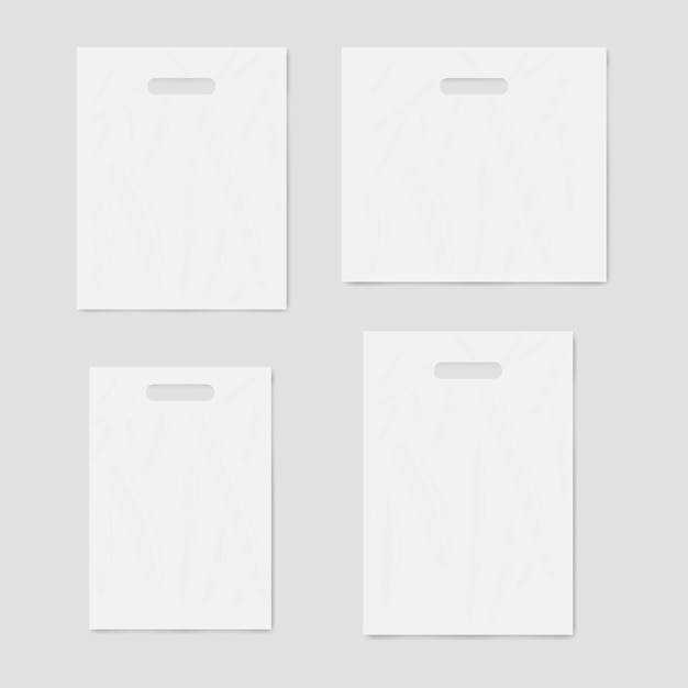 White blank merchandise plastic bags with die cut handles vector mockup set Template for design