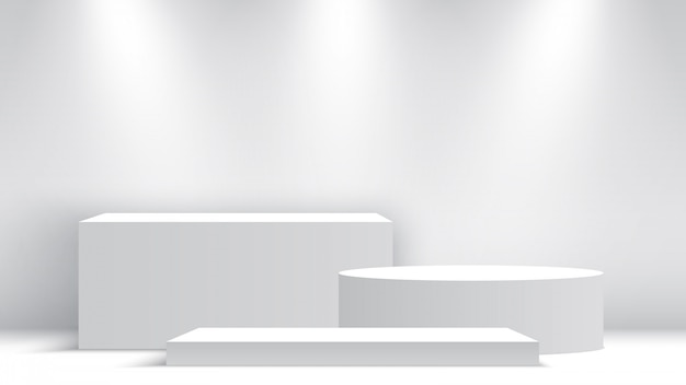 White blank podium. Pedestal with spotlights. Scene. Boxes.  illustration.