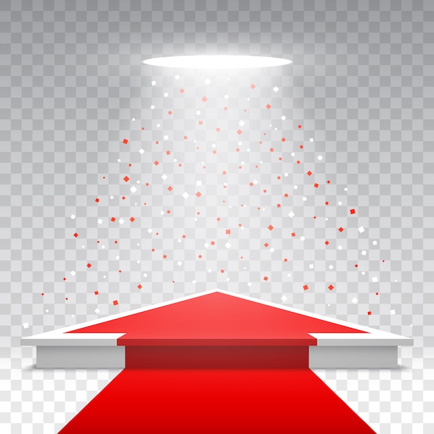 White blank podium with red carpet and confetti on transparent background. Pedestal with spotlight.  illustration.