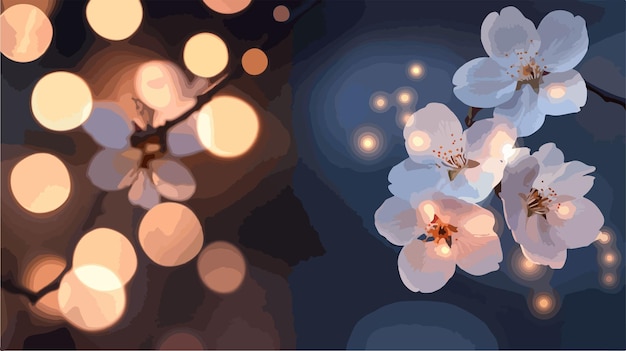 Vector white blossoms glowing in dark vertical shot