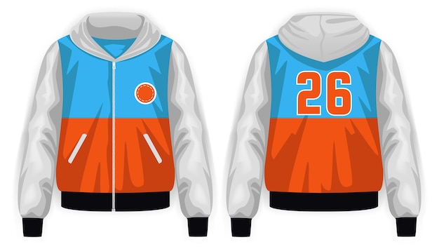 White blue orange and black varsity jacket with hoodie front and back view vector mockup illustra