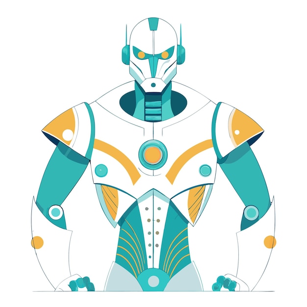 A white and blue robot stands with its arms crossed