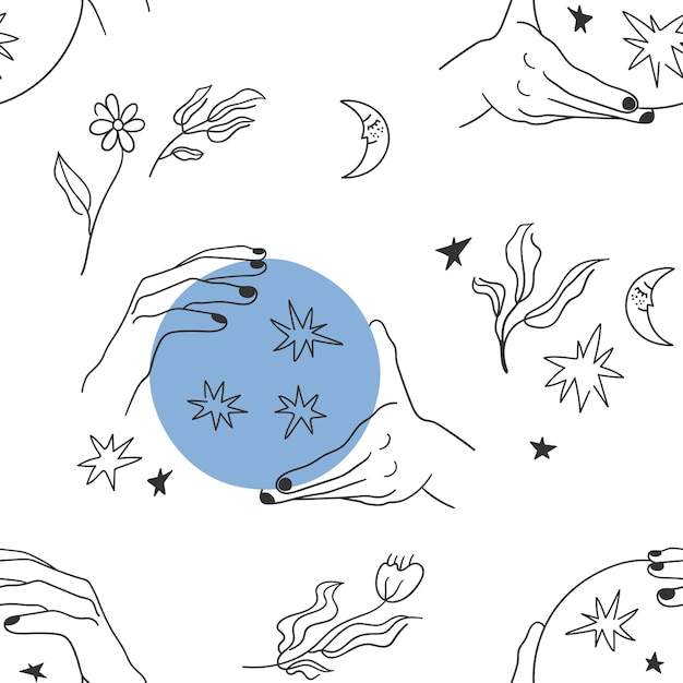 White and blue seamless pattern with linear illustrations hands holding magical ball