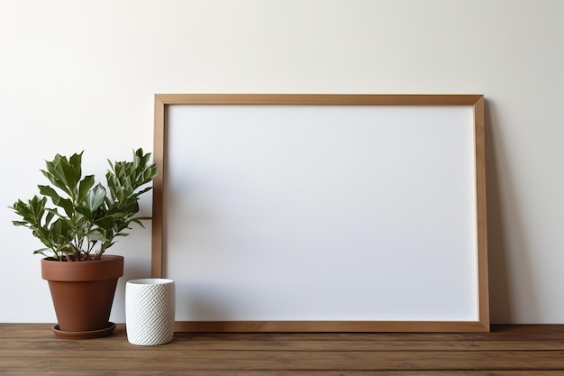 Vector a white board on a wooden table with a plant on it