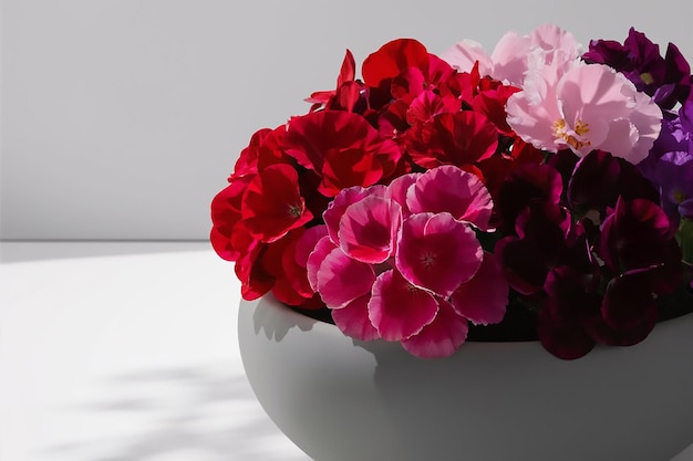 a white bowl with a bunch of red flowers in it