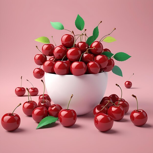 Vector white bowl with cherries on it and a pink background