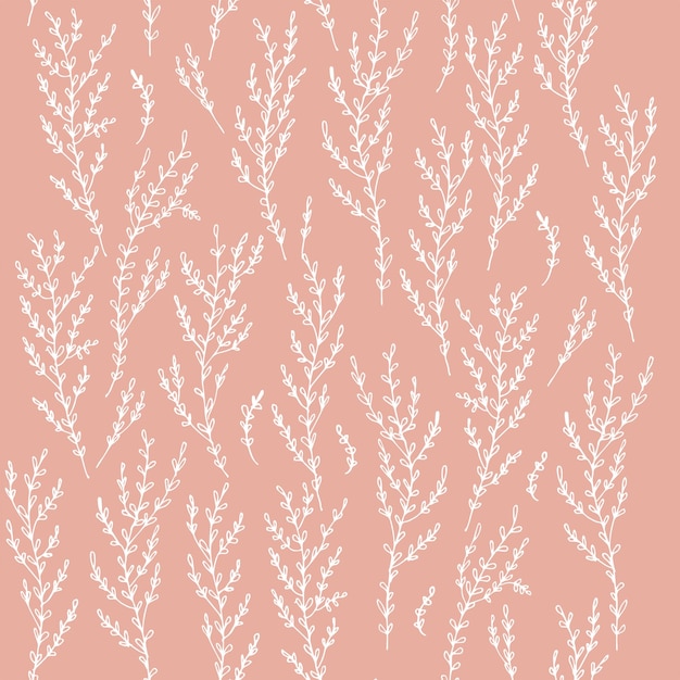 White branches and grass seamless pattern on a pink background