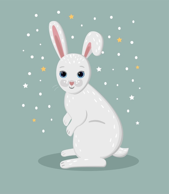 White bunny or rabbit on a blue background Easter rabbit Vector illustration