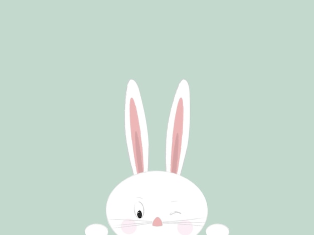 A white bunny winking one eye on green background. Rectangular format with copy space.