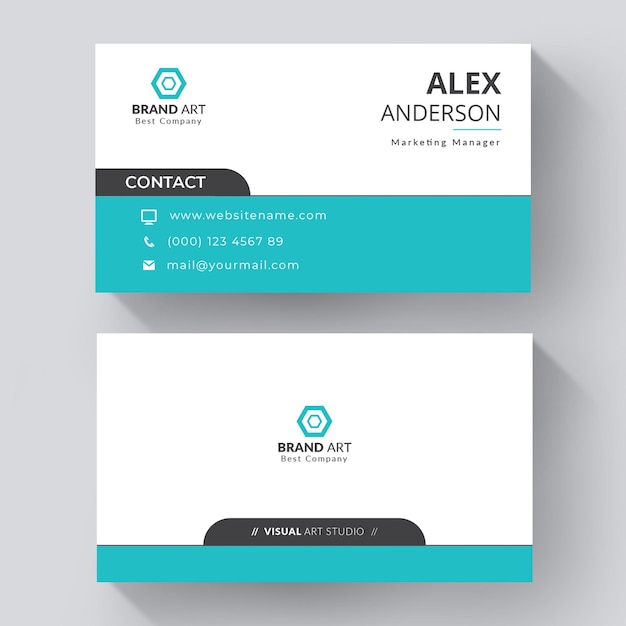 White business card with turquoise details