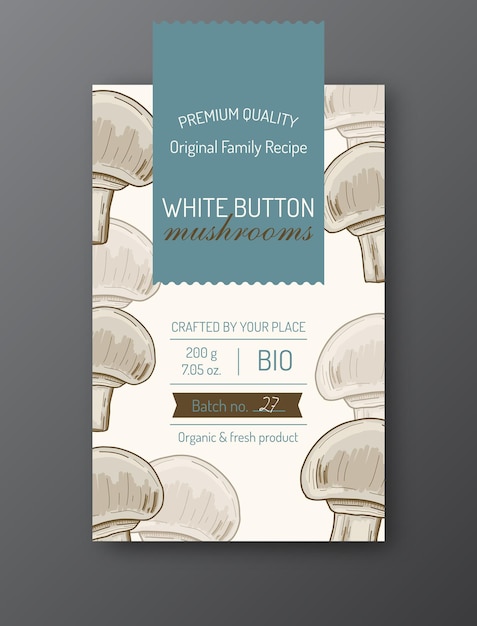 White Button mushroom label template Modern vector packaging design layout Isolated