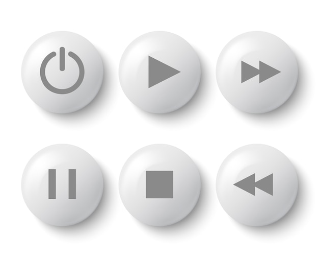 White buttons for player: stop, play, pause, rewind, fast forward, power.  illustration.