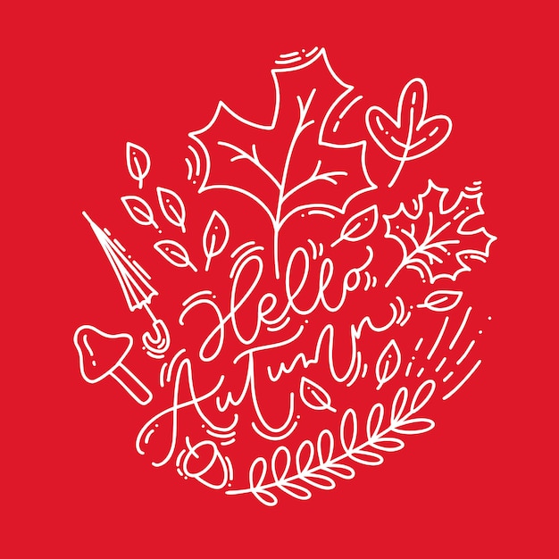 White calligraphy lettering text Hello Autumn on red background