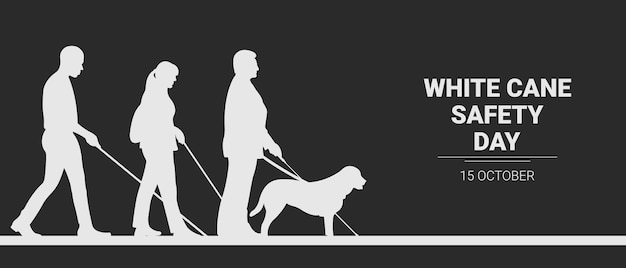 Vector white cane safety day bannervector illustration with silhouette of blind man with white cane