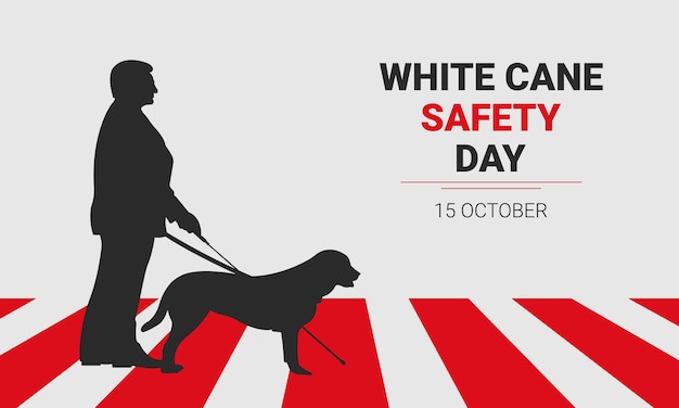 Vector white cane safety dayvector illustration with silhouette of blind man with cane and guide dog