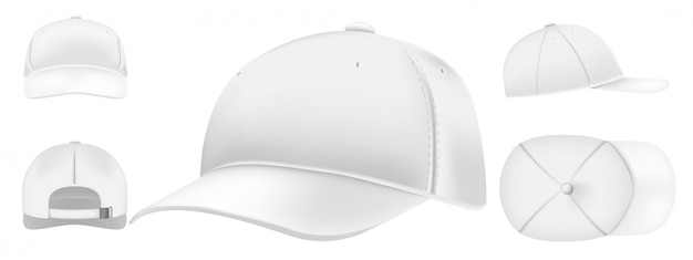 White cap. Sport caps top view, baseball hat and uniform hats views realistic 3D set. Casual clothing, fashion, street style wear. Modern headdress front, top, side, back view pack