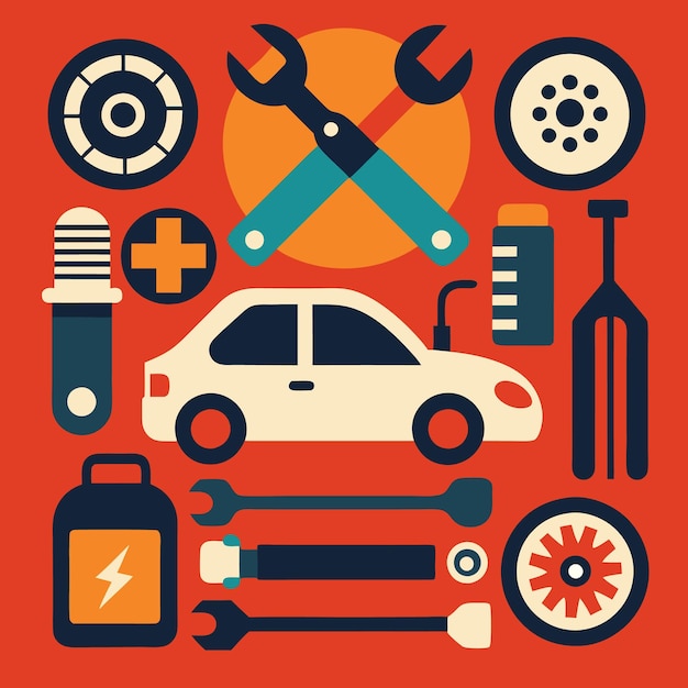 Vector a white car with an orange sun background and car repair tools