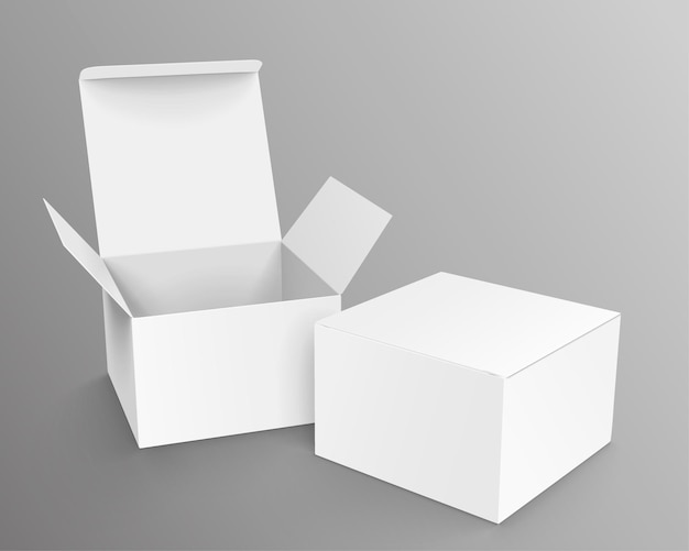 White cardboard boxes template in 3d illustration on grey background