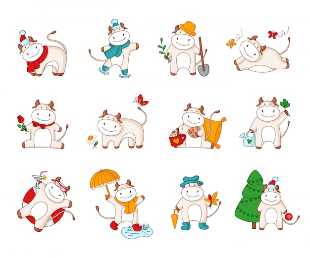 White cartoon ox bull cow - kawaii characters set isolated