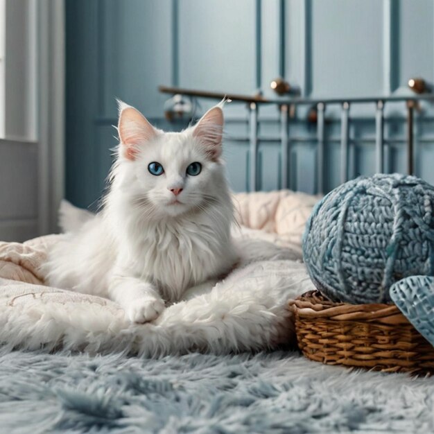 a white cat is laying on a blanket with a knitted hat on it