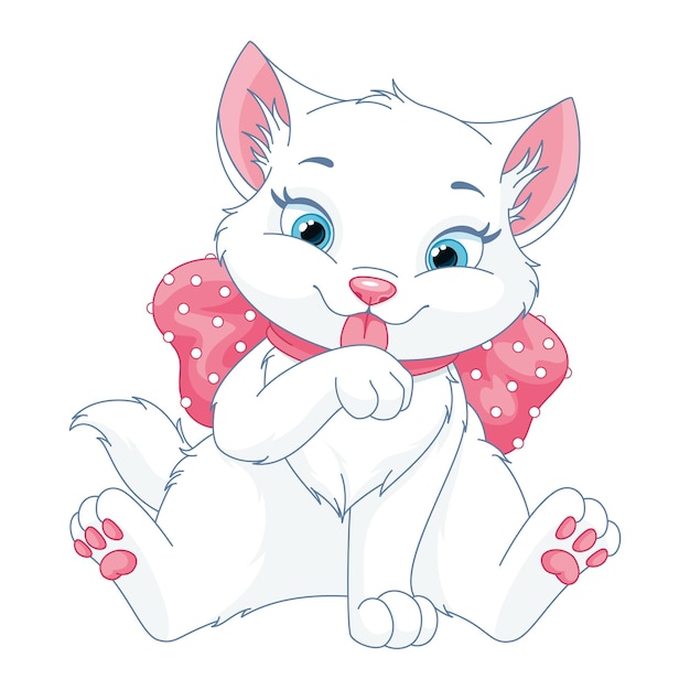 White cat is washing his paw cartoon vector illustration