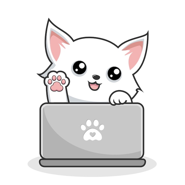 White Cat Playing Laptop Notebook Cute White Pussy Cat Waving Paws