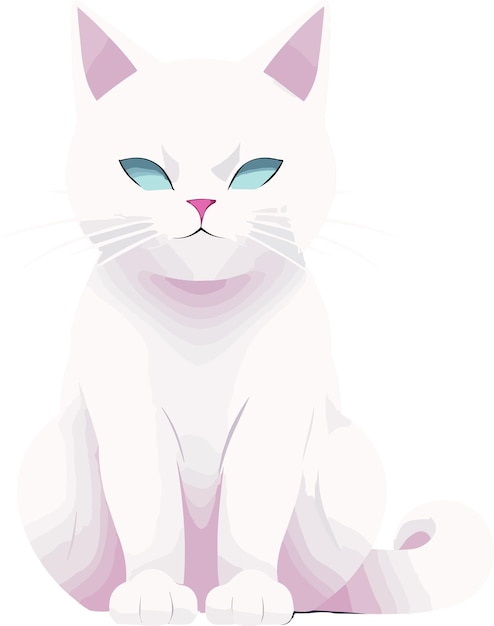 A white cat with blue eyes sits on a white background.