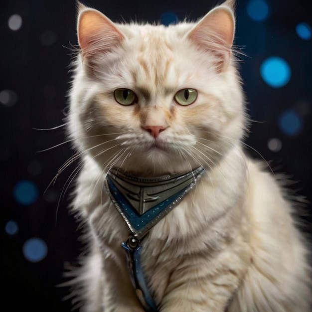 a white cat with a collar that says  whiskers