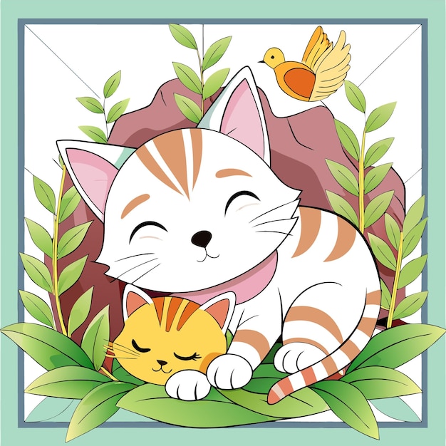 Vector a white cat with orange stripes sleeps with a small orange cat in green grass a bird flies above them