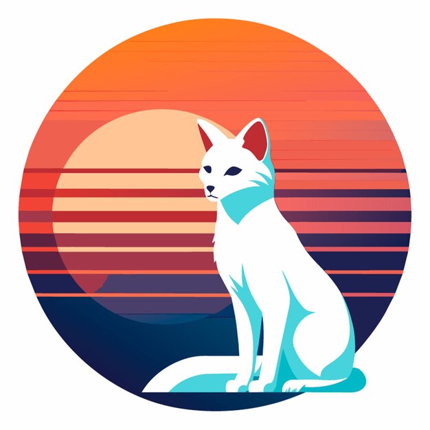 Vector a white cat with a red and orange sunset in the background