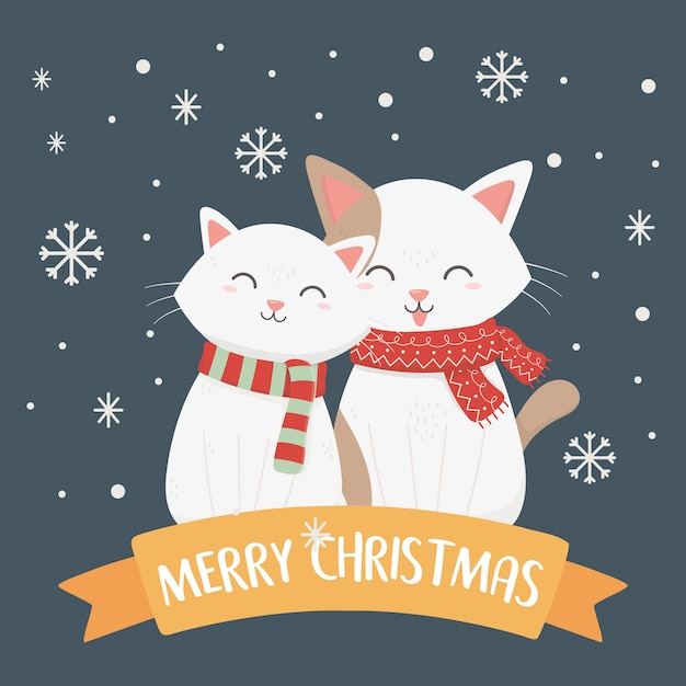 White cats with scarf and snowflakes illustration