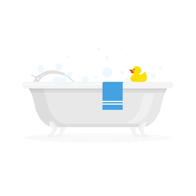 White ceramic bath with foam bubbles blue towel and yellow rubber duck Vector illustration