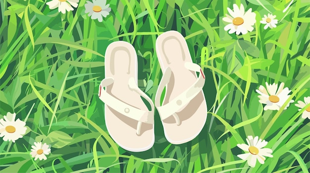 Vector white childrens sandals on sunny green lawn flat view