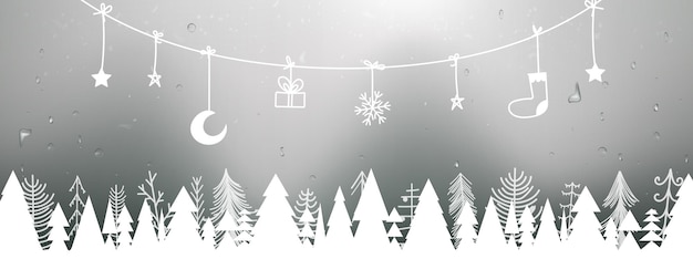 White Christmas decoration and Forest in handdraw on windows with view winters background Vector