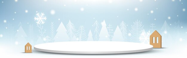 Vector white circle platform with home shape decorative winter forest scene blue sky background