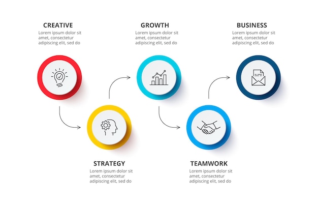 White circles with thin lines for infographic. Template for timeline presentation with 5 steps.