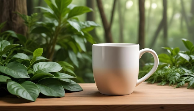 Vector a white coffee mug sits on a wooden table surrounded by lush green plants with a blurred background of a forest