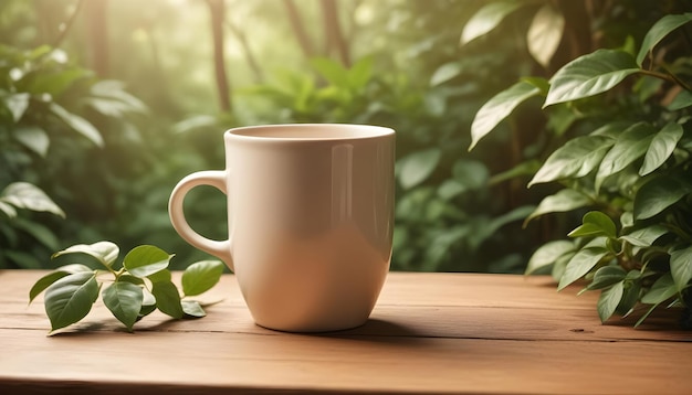 Vector a white coffee mug on a wooden table in a garden setting the background is a blurred image of green leaves and sunlight