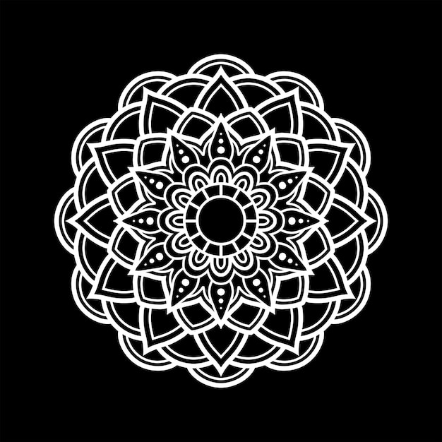 White color floral mandala ornament on black background