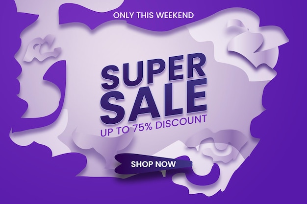 White color paper cut style with super mega sell offer background design template