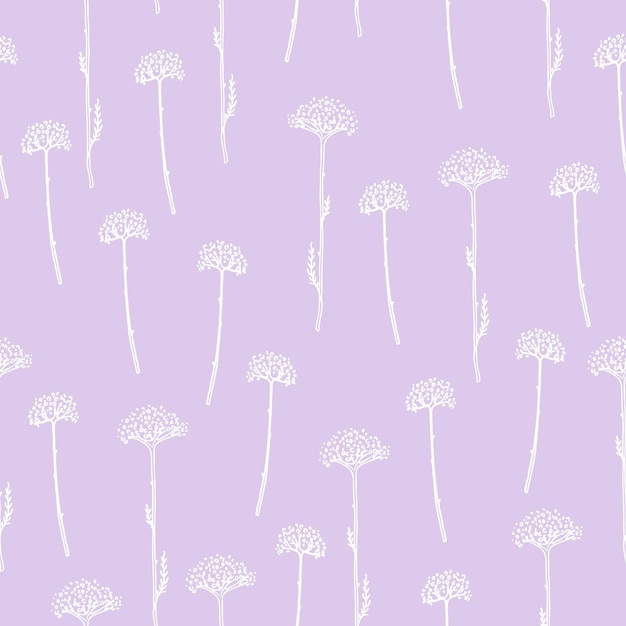 White color wild flowers on lilac background. Elegant floral seamless pattern for fabric, textile