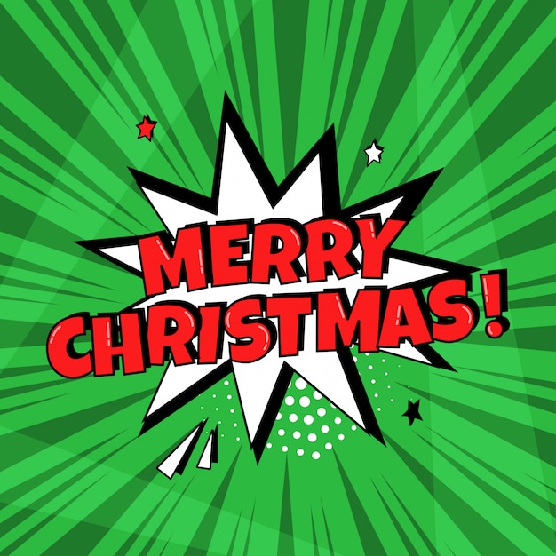 White comic speech bubble with red MERRY CHRISTMAS word on green background. Comic sound effect, stars and halftone dots shadow in pop art style. 