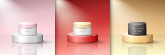 White cream jar with golden lid on the bright red podium 3D cosmetic product on stage template