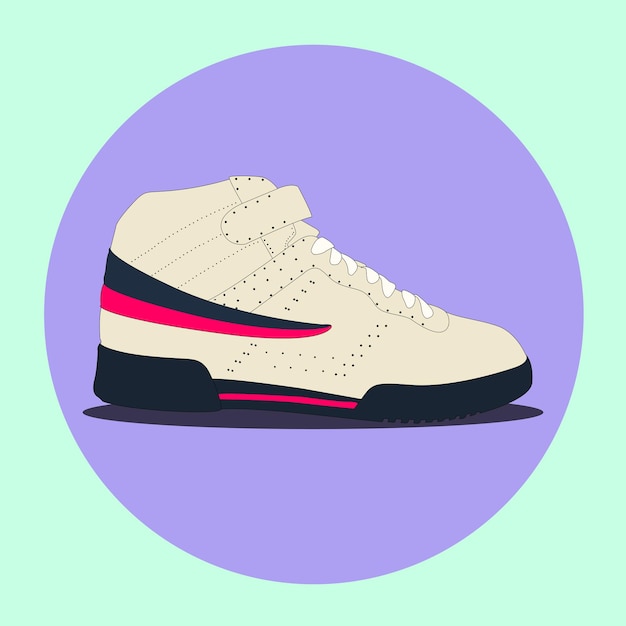 White cream sneakers shoes with pink and blue piece Vector Illustration. 80s style sneakers editable