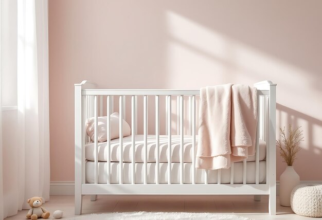 Vector a white crib with pink towels hanging on the wall