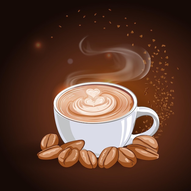 White cup of hot coffee with cinnamon on saucer and beans on Brown background realistic illustration